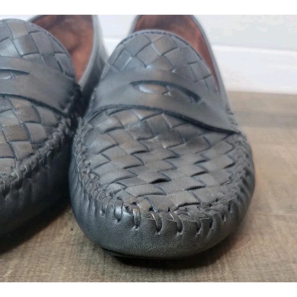 ROBERT ZUR MENS SHOES BLACK 7.5 Leather‎ Woven Loafers Slip On Driving Luxury